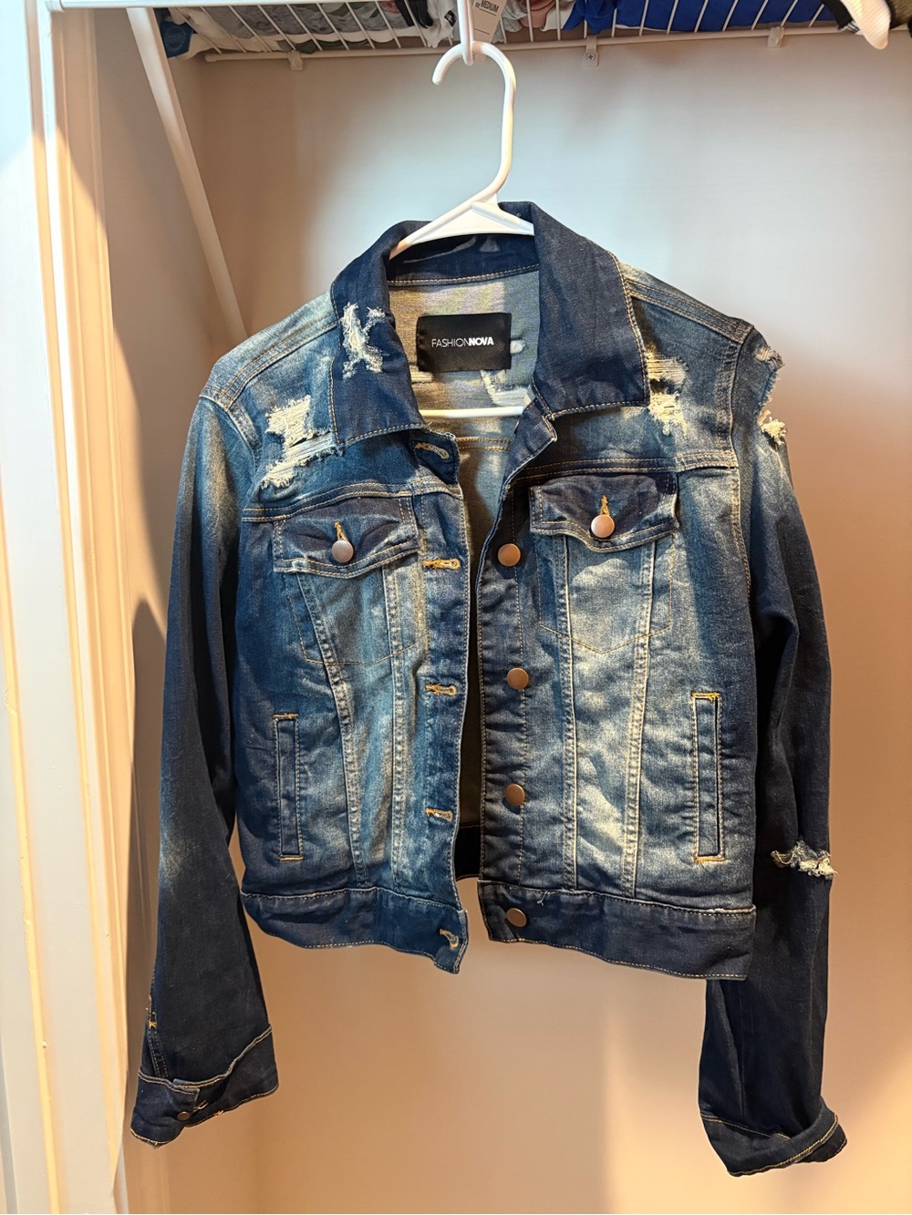Fashion Nova Distressed Dark Blue Washed Denim Jacket